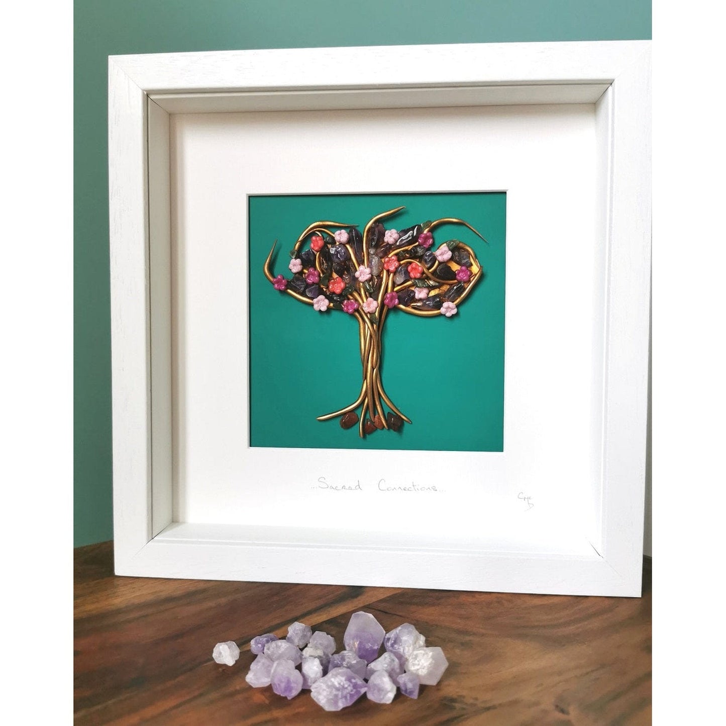 'Sacred Connections' - Bronze tree with Amethyst crystals and small pink hand sculpted flowers/Wall Art