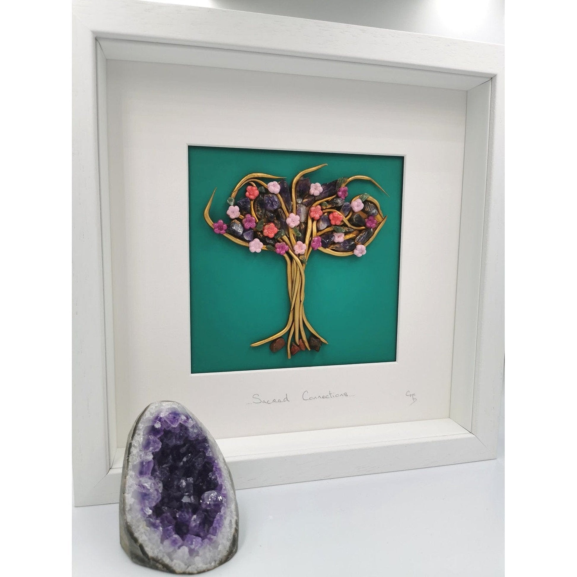 'Sacred Connections' - Bronze tree with Amethyst crystals and small pink hand sculpted flowers/Wall Art