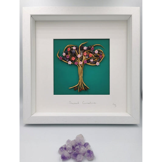 'Sacred Connections' - Bronze tree with Amethyst crystals and small pink hand sculpted flowers/Wall Art